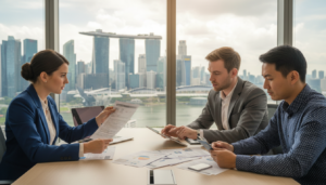 A photorealistic scene illustrating the concept of "right-to-work verification" in Singapore. In the foreground, a diverse group of professionals—two men and a woman—all dressed in smart business attire, engaged in a discussion around a table. They are reviewing documents and identification checks, conveying focus and collaboration. The middle ground features a modern office environment with large windows allowing natural light to flood in, creating a warm and inviting atmosphere. In the background, a cityscape view of Singapore, showcasing iconic landmarks like Marina Bay Sands and the skyline, embodies the context of statutory compliance. Soft, diffused lighting enhances the professionalism of the scene, while a slight depth of field emphasizes the subjects at the table, creating a dynamic but cohesive image.