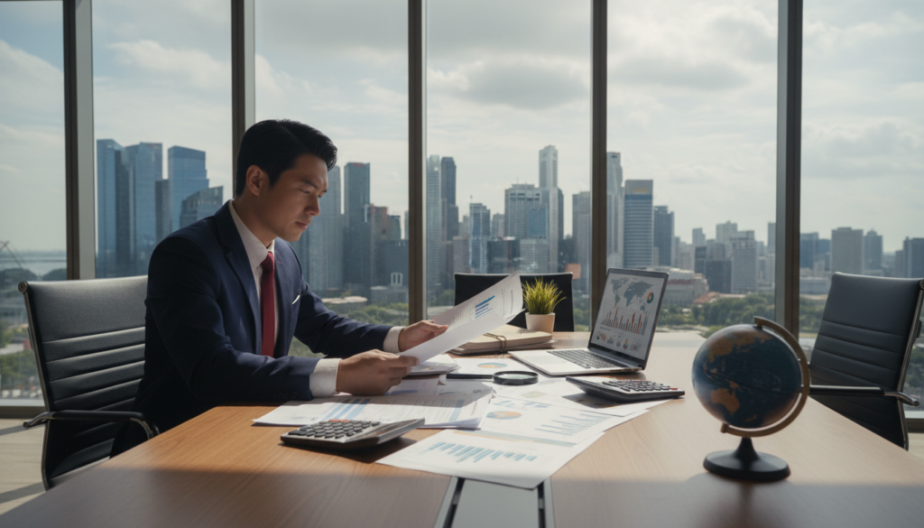 A photorealistic scene illustrating the concept of tax in a corporate setting. In the foreground, a professional-looking businessperson in formal attire, examining international tax documents and a laptop, displaying charts of double taxation agreements. In the middle, a wooden conference table filled with financial reports, a globe, and calculators, emphasizing cross-border complexities. In the background, a glass window showing a modern cityscape of Singapore, highlighting the evolving business landscape. The lighting is soft yet focused, creating a warm and professional atmosphere, with light filtering in through the window casting subtle shadows. The overall mood is serious and analytical, reflecting the importance of understanding foreign payroll taxes and social security within a global context. A photorealistic scene illustrating the concept of tax in a corporate setting. In the foreground, a professional-looking businessperson in formal attire, examining international tax documents and a laptop, displaying charts of double taxation agreements. In the middle, a wooden conference table filled with financial reports, a globe, and calculators, emphasizing cross-border complexities. In the background, a glass window showing a modern cityscape of Singapore, highlighting the evolving business landscape. The lighting is soft yet focused, creating a warm and professional atmosphere, with light filtering in through the window casting subtle shadows. The overall mood is serious and analytical, reflecting the importance of understanding foreign payroll taxes and social security within a global context.