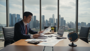A photorealistic scene illustrating the concept of tax in a corporate setting. In the foreground, a professional-looking businessperson in formal attire, examining international tax documents and a laptop, displaying charts of double taxation agreements. In the middle, a wooden conference table filled with financial reports, a globe, and calculators, emphasizing cross-border complexities. In the background, a glass window showing a modern cityscape of Singapore, highlighting the evolving business landscape. The lighting is soft yet focused, creating a warm and professional atmosphere, with light filtering in through the window casting subtle shadows. The overall mood is serious and analytical, reflecting the importance of understanding foreign payroll taxes and social security within a global context.