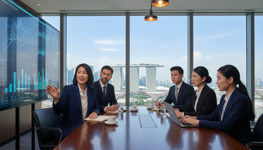 A photorealistic scene of an annual general meeting in Singapore, with a diverse group of five business professionals gathered around a polished conference table. In the foreground, focus on a female presenter in professional attire, confidently pointing at a digital presentation screen displaying charts and data. In the middle ground, two men and two women, all dressed in smart business suits, actively engage in discussion, with notepads and laptops in front of them, taking notes. The background features a modern office setting with large windows letting in natural light, showcasing a view of Singapore’s skyline. The atmosphere is professional and focused, with soft lighting to enhance the serious tone of the meeting, captured at a medium angle to convey an inclusive, collaborative environment.