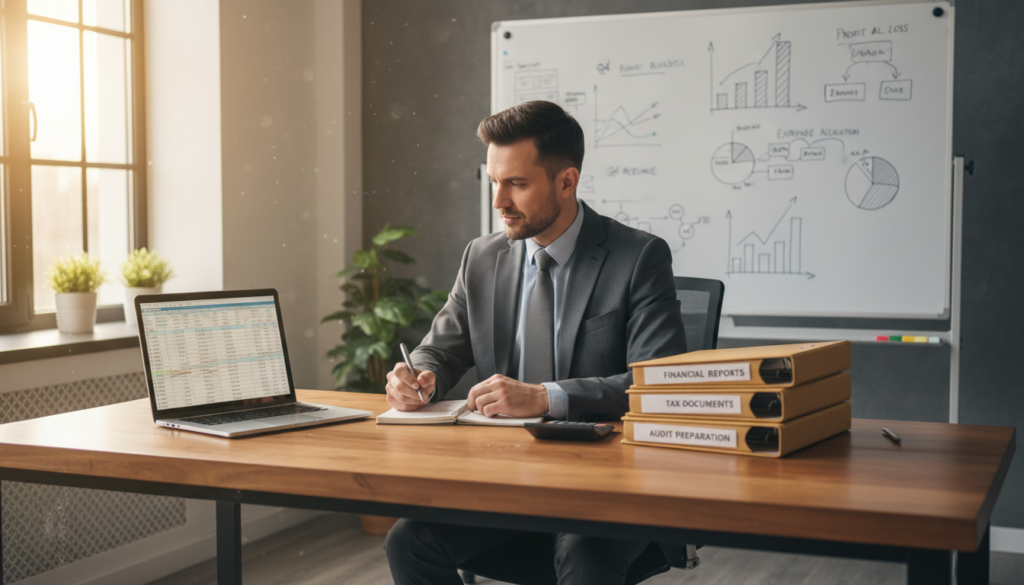 A professional accountant sitting at a modern wooden desk, focused on preparing financial statements. The foreground shows a laptop displaying a spreadsheet with numbers, while the middle layer includes neatly arranged folders with financial documents and a calculator. In the background, a whiteboard filled with charts and financial graphs is partially visible, adding depth to the scene. Soft daylight filters through a large window, bathing the room in warm ambiance, creating a calm and organized atmosphere. The accountant, dressed in a sharp suit, is jotting down notes with a pen, embodying a sense of diligence and professionalism. The overall mood reflects attentiveness, clarity, and focus on financial accuracy.