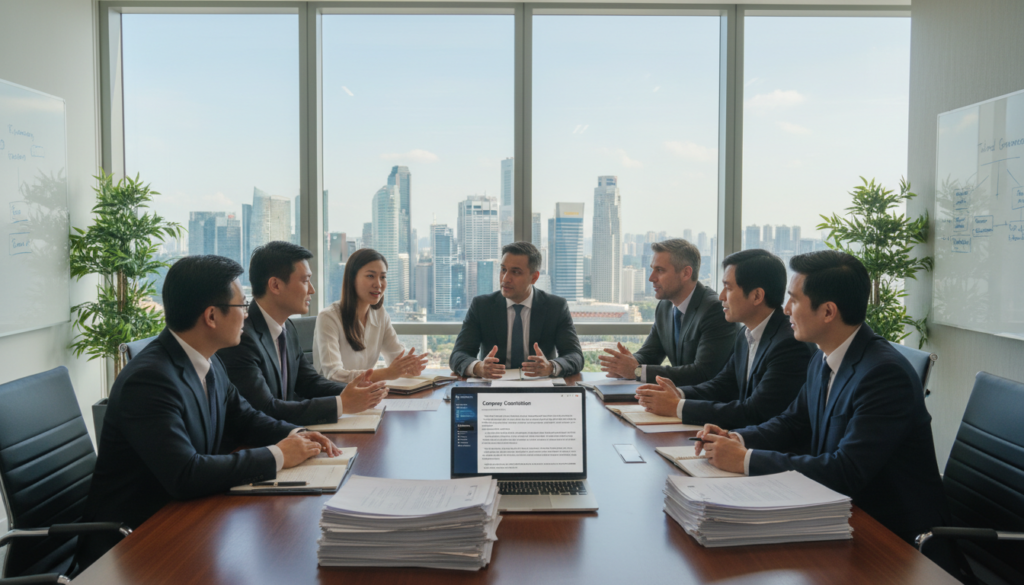A professional and photorealistic depiction of a modern office setting in Singapore, focusing on a large wooden conference table in the foreground, adorned with legal documents and a laptop open to a digital version of a company constitution. In the middle, a diverse group of business professionals—men and women of various ethnicities—are engaged in discussion, all dressed in smart business attire. The background features large windows with a view of Singapore's skyline, bathed in natural light, creating a bright and inviting atmosphere. Subtle details like potted plants and a whiteboard with strategic notes enhance the professional mood. The scene captures the essence of collaboration and the importance of tailoring company constitutions to suit diverse business needs. A professional and photorealistic depiction of a modern office setting in Singapore, focusing on a large wooden conference table in the foreground, adorned with legal documents and a laptop open to a digital version of a company constitution. In the middle, a diverse group of business professionals—men and women of various ethnicities—are engaged in discussion, all dressed in smart business attire. The background features large windows with a view of Singapore's skyline, bathed in natural light, creating a bright and inviting atmosphere. Subtle details like potted plants and a whiteboard with strategic notes enhance the professional mood. The scene captures the essence of collaboration and the importance of tailoring company constitutions to suit diverse business needs.