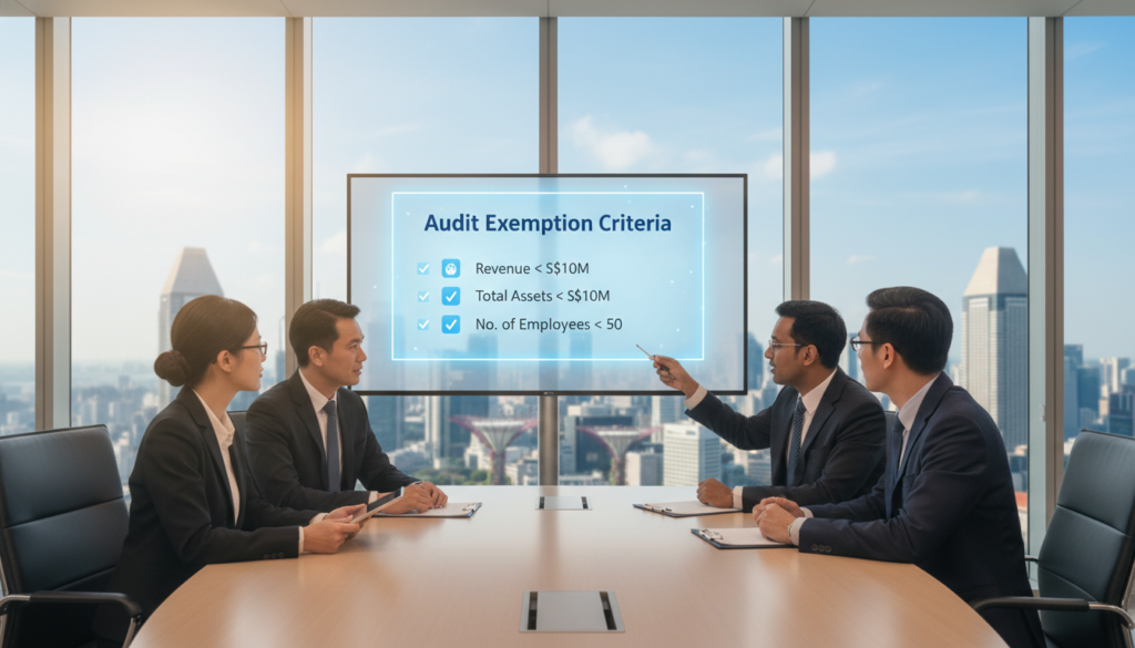 A professional and photorealistic depiction of a serene office environment in Singapore, showcasing the concept of "audit exemption." In the foreground, a diverse group of business individuals of different ethnicities are engaged in a discussion around a sleek conference table, all dressed in formal business attire. The middle ground features a large screen displaying a chart labeled "Audit Exemption Criteria," with graphics illustrating key points. The background includes a modern skyline view of Singapore through large glass windows, allowing natural light to fill the room. The atmosphere is calm and focused, conveying a sense of professionalism and clarity about the topic. The scene is well-lit, with soft, warm lighting creating an inviting ambiance and emphasizing the seriousness of the discussion.