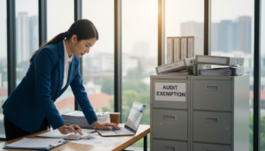 A professional and photorealistic office environment showcasing a small company concept. In the foreground, an accountant in smart business attire is reviewing financial statements with a calculator and a laptop, demonstrating a sense of diligence and focus. In the middle ground, a file cabinet labeled "Audit Exemption" is partially visible, stacked with organized files and documents reflecting a diligent approach to business regulation. The background features a modern office space with large windows allowing natural light to illuminate the scene, creating a bright and welcoming atmosphere. The composition should convey professionalism and clarity, emphasizing the theme of eligibility for audit exemption. The angle should be slightly overhead, capturing both the accountant's concentration and the organized workspace.