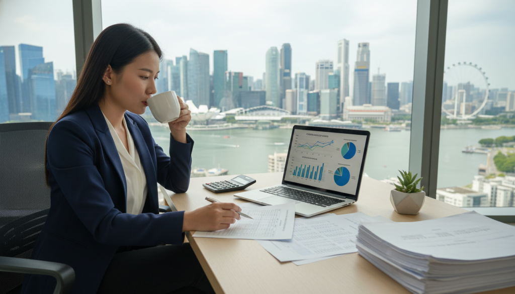 A professional and sleek office environment in Singapore, showcasing a modern desk with a laptop displaying financial graphs and charts. In the foreground, an Asian businesswoman in smart attire reviews documents while sipping coffee, focused on her work. The middle ground features the desk cluttered with financial reports and a calculator, and a small potted plant for a touch of greenery. In the background, tall windows reveal a panoramic view of Singapore’s skyline under bright natural light, enhancing the professional atmosphere. The image captures a sense of productivity and financial strategy, highlighting the theme of foreign-sourced income and its related implications. Use a shallow depth of field to keep the focus on the businesswoman and her work, creating a vibrant, inspiring mood.