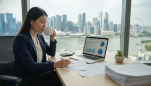 A professional and sleek office environment in Singapore, showcasing a modern desk with a laptop displaying financial graphs and charts. In the foreground, an Asian businesswoman in smart attire reviews documents while sipping coffee, focused on her work. The middle ground features the desk cluttered with financial reports and a calculator, and a small potted plant for a touch of greenery. In the background, tall windows reveal a panoramic view of Singapore’s skyline under bright natural light, enhancing the professional atmosphere. The image captures a sense of productivity and financial strategy, highlighting the theme of foreign-sourced income and its related implications. Use a shallow depth of field to keep the focus on the businesswoman and her work, creating a vibrant, inspiring mood.