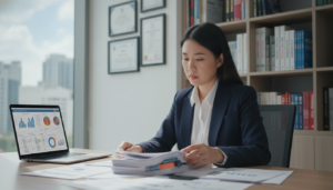 A professional auditor seated at a modern desk in a well-lit office, surrounded by a variety of financial documents and a laptop displaying data analytics. In the foreground, a focused expression on the auditor’s face as they review the financial statements, wearing a crisp white shirt and smart blazer. In the middle, a large window with natural light streaming in, casting soft shadows on the polished wooden desk, adding to the atmosphere of professionalism. The background features a sleek bookshelf filled with accounting books and certificates on the walls, emphasizing a commitment to high standards. The overall mood is one of diligence and trustworthiness, capturing the essence of auditing in compliance with Singapore’s reporting standards. Photorealistic detail with a slightly blurred effect on the background to draw attention to the auditor's concentration.
