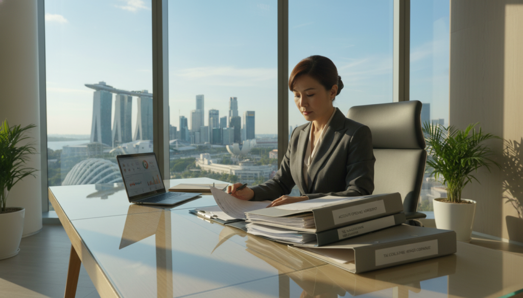 A professional banker seated at a sleek, modern desk in a bright, well-lit office environment, reviewing documents related to the opening of a bank account. The banker, a middle-aged Asian woman in a tailored business suit, is focused on paperwork, surrounded by neatly organized folders and a laptop displaying financial data. In the background, a large window reveals a view of Singapore's skyline, featuring iconic buildings. Soft, natural sunlight bathes the room, creating a warm and inviting atmosphere. The scene conveys professionalism and readiness, emphasizing the importance of thorough documentation and understanding tax implications for foreign-owned companies. The angle captures both the banker and the workspace, highlighting the clarity and organization of the banking process.