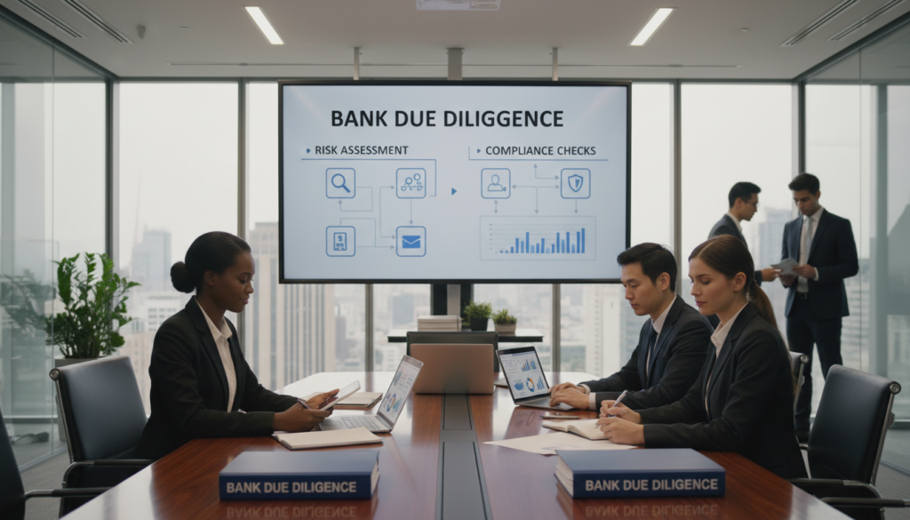 A professional boardroom setting where business professionals are engaged in an onboarding meeting. In the foreground, a diverse group of three individuals, dressed in smart business attire, are seated around a sleek conference table filled with laptops, financial documents, and tablets displaying data dashboards. The middle ground features a large overhead screen showing infographics related to bank due diligence, risk assessment, and compliance checks. The background showcases a modern office environment with glass walls and natural light streaming in, creating an inviting atmosphere. The overall lighting is bright but soft, enhancing the focus on collaboration and professionalism. The mood is serious yet optimistic, capturing the essence of efficient onboarding processes in high-risk business banking.