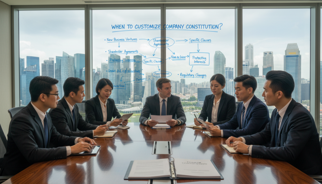 A professional business meeting room in Singapore is depicted in the foreground, featuring a polished wooden conference table surrounded by diverse business professionals dressed in smart business attire. They are discussing documents and laptops, analyzing a customized company constitution. In the middle ground, a large window reveals a skyline of Singapore, with iconic skyscrapers under a bright, natural lighting that enhances the seriousness of the discussion. The background includes a whiteboard filled with charts and notes, illustrating key points about when to customize a company constitution, creating an atmosphere of collaboration and focus. The overall mood is informative and professional, capturing the essence of strategic decision-making in a corporate environment.