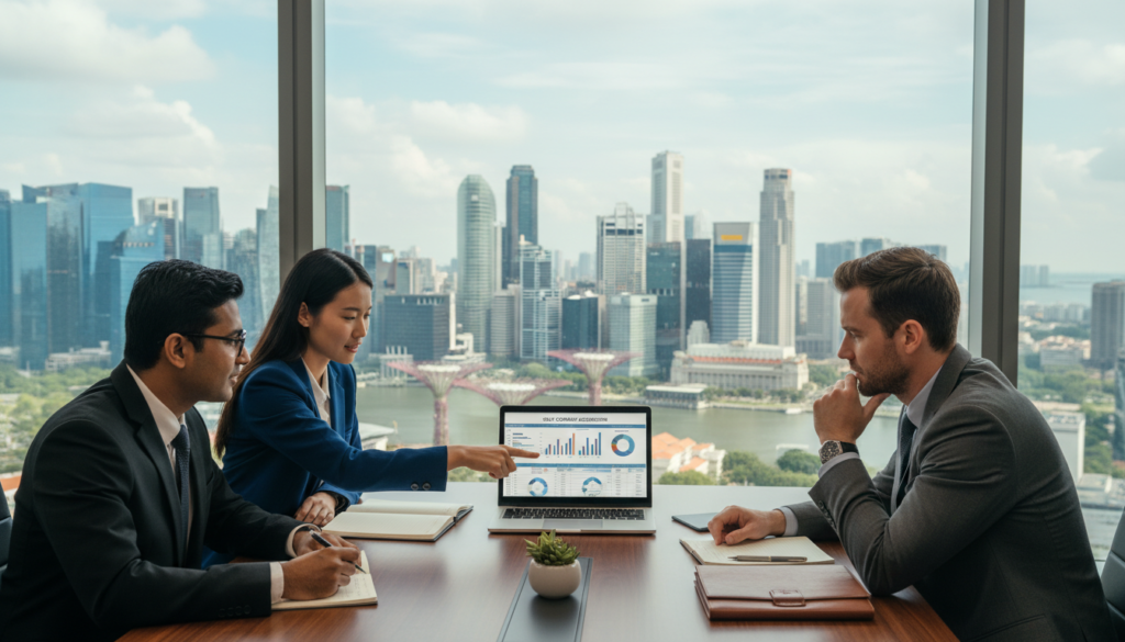 A professional business setting in Singapore, featuring a diverse group of three individuals in business attire. In the foreground, two men and a woman are engaged in discussion over a laptop displaying financial documents and charts related to buying a shelf company. The woman points at the screen, emphasizing a point, while the men listen attentively, taking notes. The middle ground includes a sleek conference table with a few folders and a plant for a touch of greenery, showcasing a modern office environment. The background illustrates a panoramic view of Singapore’s iconic skyline through large glass windows, with natural daylight softly illuminating the scene. The atmosphere is focused and collaborative, conveying a sense of strategic planning and professionalism.