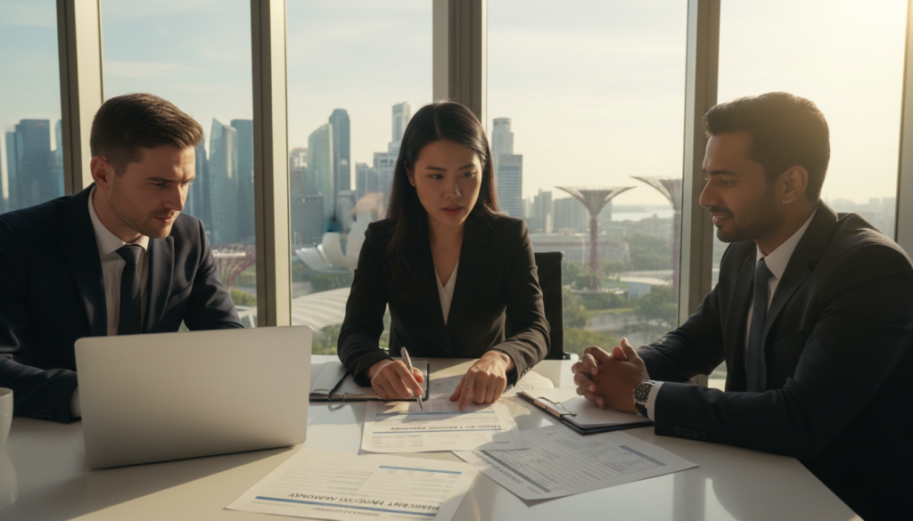 A professional business setting in Singapore, featuring a diverse group of three individuals—one woman and two men—dressed in smart business attire as they review documents related to merchant account approval. The foreground emphasizes the engaged expression on their faces, demonstrating focus and determination. In the middle ground, a modern conference table is scattered with papers, a laptop, and financial documents, suggesting detailed preparation. The background reveals a panoramic view of the Singapore skyline through large windows, accentuating a sense of ambition and professionalism. The lighting is bright and inviting, casting natural shadows that enhance the mood of productivity and collaboration. The image should be photorealistic, capturing the essence of a vital financial process in a vibrant corporate environment.