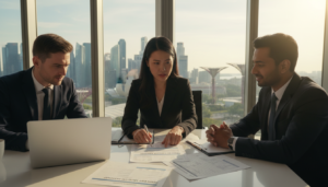A professional business setting in Singapore, featuring a diverse group of three individuals—one woman and two men—dressed in smart business attire as they review documents related to merchant account approval. The foreground emphasizes the engaged expression on their faces, demonstrating focus and determination. In the middle ground, a modern conference table is scattered with papers, a laptop, and financial documents, suggesting detailed preparation. The background reveals a panoramic view of the Singapore skyline through large windows, accentuating a sense of ambition and professionalism. The lighting is bright and inviting, casting natural shadows that enhance the mood of productivity and collaboration. The image should be photorealistic, capturing the essence of a vital financial process in a vibrant corporate environment.
