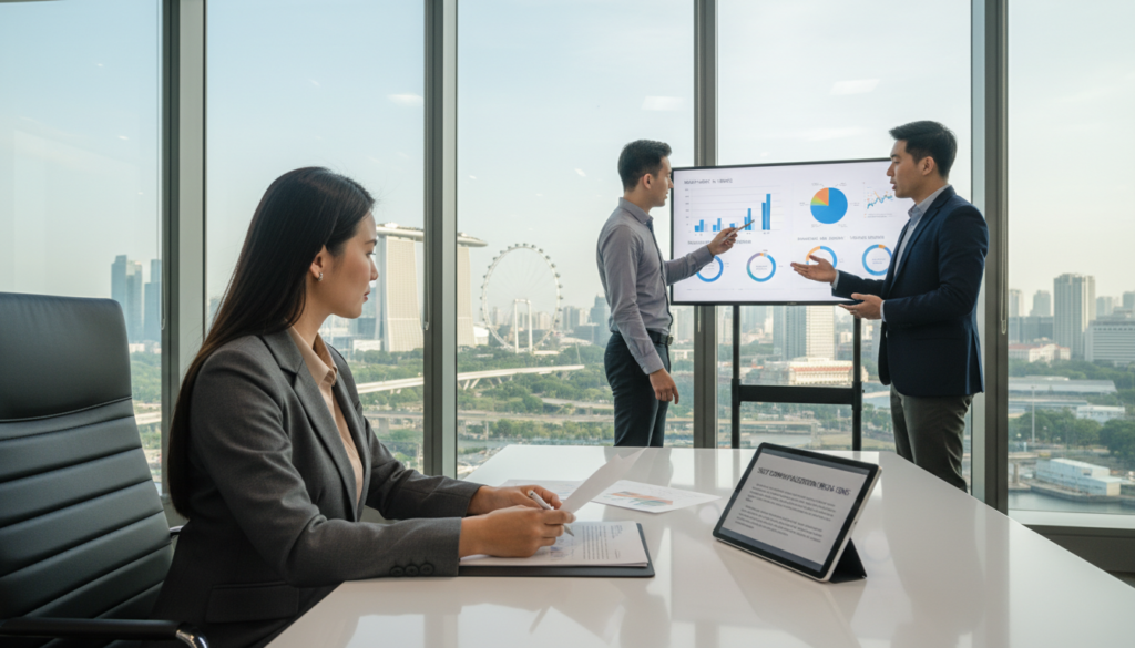 A professional business setting in Singapore showcasing a modern office space. In the foreground, a well-dressed businesswoman reviews documents on a sleek desk, appearing focused and contemplative. She is wearing a tailored suit, conveying professionalism and confidence. In the middle ground, two colleagues engage in a discussion, pointing at a digital screen that displays business graphs and charts related to shelf companies. The background features a panoramic view of Singapore’s skyline, with recognizable landmarks such as the Marina Bay Sands. The lighting is bright and inviting, with soft natural light filtering through large windows, creating a productive atmosphere. The overall mood is one of strategic decision-making and collaboration, emphasizing the pros and cons of buying a shelf company in this vibrant business hub. A professional business setting in Singapore showcasing a modern office space. In the foreground, a well-dressed businesswoman reviews documents on a sleek desk, appearing focused and contemplative. She is wearing a tailored suit, conveying professionalism and confidence. In the middle ground, two colleagues engage in a discussion, pointing at a digital screen that displays business graphs and charts related to shelf companies. The background features a panoramic view of Singapore’s skyline, with recognizable landmarks such as the Marina Bay Sands. The lighting is bright and inviting, with soft natural light filtering through large windows, creating a productive atmosphere. The overall mood is one of strategic decision-making and collaboration, emphasizing the pros and cons of buying a shelf company in this vibrant business hub.