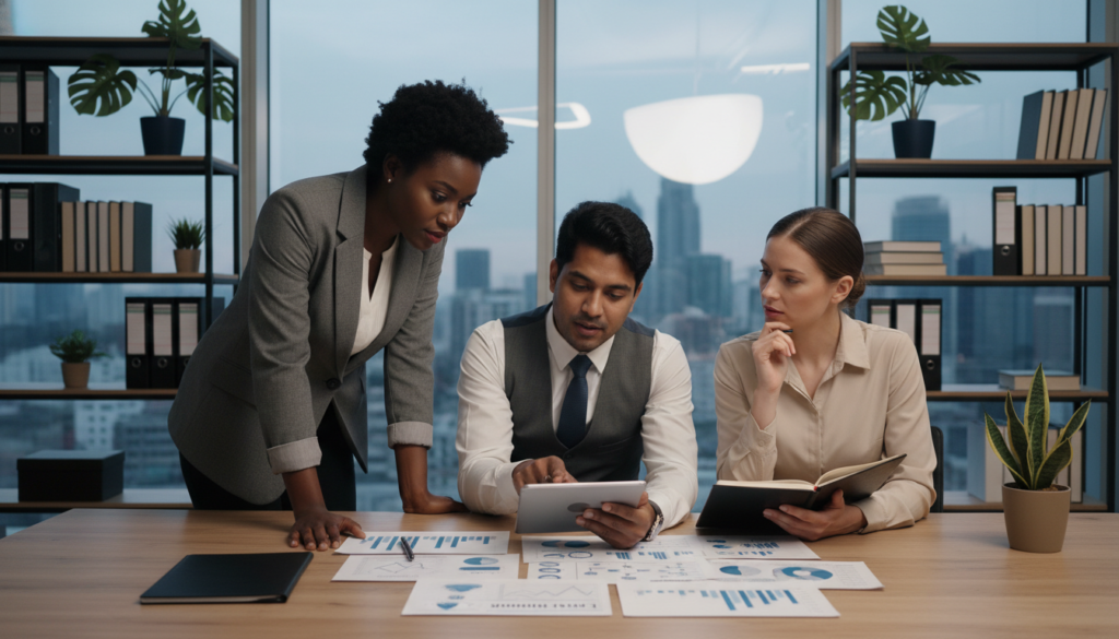 A professional business setting with a diverse group of three individuals engaged in a discussion about payment provider selection. In the foreground, a Black woman and a South Asian man, both in smart business attire, are analyzing charts and documents on a tablet. In the middle, a Caucasian woman takes notes, listening intently, surrounded by a modern office environment with a large window showing a city skyline. The background features shelves with financial books and decorative plants, creating a welcoming atmosphere. Soft, natural lighting filters through the window, highlighting the subjects' focused expressions. The image conveys a sense of collaboration and strategic decision-making, showcasing the importance of choosing the right provider for different business models and risk profiles.