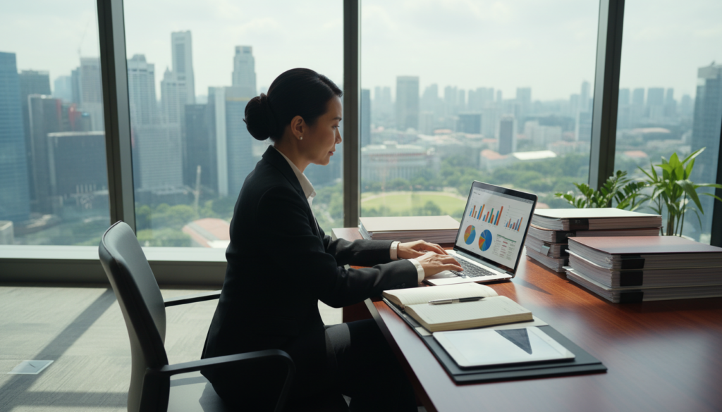A professional company secretary in a modern office environment, seated at a sleek desk covered with organizational documents, a laptop open displaying charts and graphs. The secretary, a middle-aged Asian woman, dressed in smart black business attire, exudes confidence and professionalism. She is focused, typing notes with a thoughtful expression. In the background, large windows showcase a city skyline, allowing natural light to fill the room, creating a bright and airy atmosphere. Soft shadows add depth to the scene, with a slight bokeh effect enhancing the foreground details. Overall, the mood is one of competence and importance, emphasizing the essential role a company secretary plays in corporate governance in Singapore today. A professional company secretary in a modern office environment, seated at a sleek desk covered with organizational documents, a laptop open displaying charts and graphs. The secretary, a middle-aged Asian woman, dressed in smart black business attire, exudes confidence and professionalism. She is focused, typing notes with a thoughtful expression. In the background, large windows showcase a city skyline, allowing natural light to fill the room, creating a bright and airy atmosphere. Soft shadows add depth to the scene, with a slight bokeh effect enhancing the foreground details. Overall, the mood is one of competence and importance, emphasizing the essential role a company secretary plays in corporate governance in Singapore today.