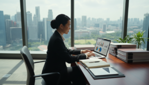 A professional company secretary in a modern office environment, seated at a sleek desk covered with organizational documents, a laptop open displaying charts and graphs. The secretary, a middle-aged Asian woman, dressed in smart black business attire, exudes confidence and professionalism. She is focused, typing notes with a thoughtful expression. In the background, large windows showcase a city skyline, allowing natural light to fill the room, creating a bright and airy atmosphere. Soft shadows add depth to the scene, with a slight bokeh effect enhancing the foreground details. Overall, the mood is one of competence and importance, emphasizing the essential role a company secretary plays in corporate governance in Singapore today.