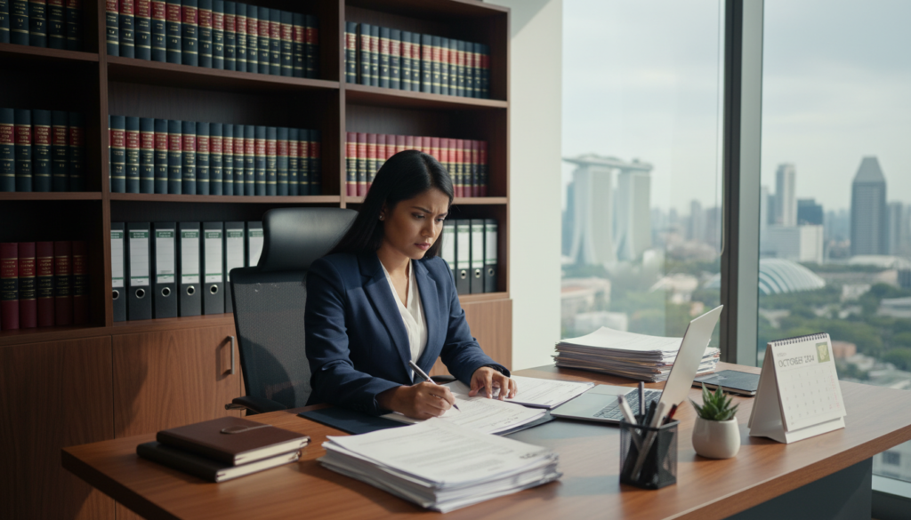 A professional company secretary in an office setting, focused and organized. In the foreground, a well-dressed individual, a South Asian woman in a tailored business suit, reviewing documents and using a laptop. Her desk is tidy, adorned with office supplies, a plant, and a calendar. In the middle, shelves filled with legal books and folders reflecting compliance paperwork. The background shows a large window with a view of Singapore's skyline, letting in natural light that casts soft shadows. The atmosphere is one of professionalism and diligence, with warm lighting creating an inviting yet serious mood. The image should be photorealistic, captured at eye level with a shallow depth of field to emphasize the subject. A professional company secretary in an office setting, focused and organized. In the foreground, a well-dressed individual, a South Asian woman in a tailored business suit, reviewing documents and using a laptop. Her desk is tidy, adorned with office supplies, a plant, and a calendar. In the middle, shelves filled with legal books and folders reflecting compliance paperwork. The background shows a large window with a view of Singapore's skyline, letting in natural light that casts soft shadows. The atmosphere is one of professionalism and diligence, with warm lighting creating an inviting yet serious mood. The image should be photorealistic, captured at eye level with a shallow depth of field to emphasize the subject.