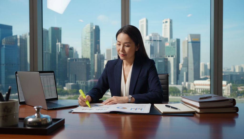 A professional company secretary seated at a sleek, modern office desk, surrounded by essential corporate documents and a laptop open to financial records. The secretary is a middle-aged Asian woman, dressed in a tailored navy blazer and white blouse, exuding a sense of confidence and competence. The foreground features polished wooden elements and office supplies like a pen and notepad. In the middle, the secretary is intently reviewing a document, highlighting her analytical skills. The background includes a large window showcasing a Singapore skyline with skyscrapers under a clear blue sky, symbolizing a vibrant corporate environment. Soft, natural lighting streams in, creating an inviting and professional atmosphere, captured with a slight depth of field to focus on the secretary's engaging expression. A professional company secretary seated at a sleek, modern office desk, surrounded by essential corporate documents and a laptop open to financial records. The secretary is a middle-aged Asian woman, dressed in a tailored navy blazer and white blouse, exuding a sense of confidence and competence. The foreground features polished wooden elements and office supplies like a pen and notepad. In the middle, the secretary is intently reviewing a document, highlighting her analytical skills. The background includes a large window showcasing a Singapore skyline with skyscrapers under a clear blue sky, symbolizing a vibrant corporate environment. Soft, natural lighting streams in, creating an inviting and professional atmosphere, captured with a slight depth of field to focus on the secretary's engaging expression.
