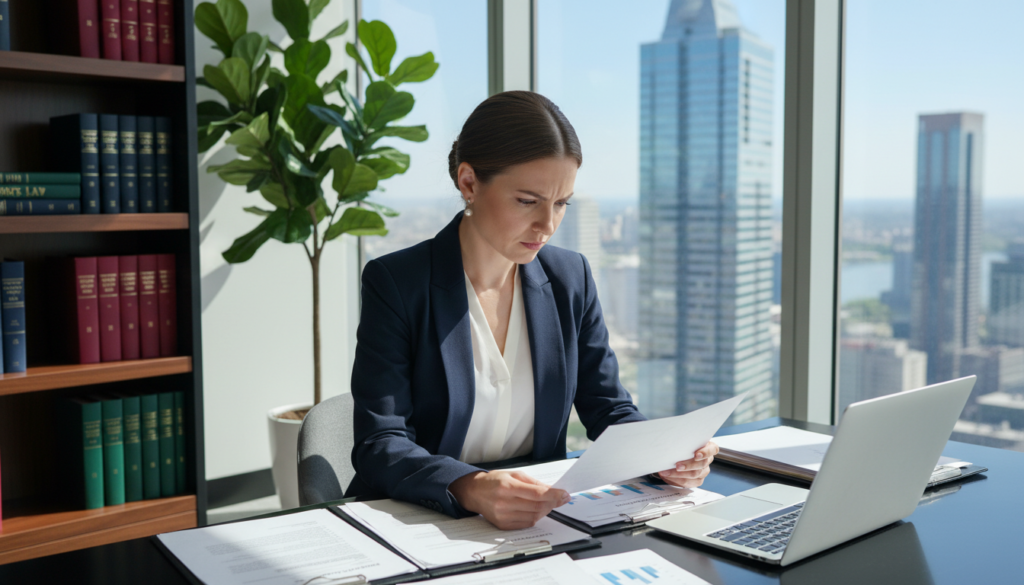 A professional corporate secretary in a modern office setting, seated at a sleek desk covered with documents and a laptop. She is dressed in formal business attire, exuding confidence and competence. The foreground focuses on her engaged expression as she reviews paperwork, symbolizing the importance of her role. In the middle ground, the office features a bookshelf filled with corporate law books, and a potted plant adding a touch of warmth. The background shows a large window with city views, letting in natural light that creates a bright and inviting atmosphere. The image is photorealistic, shot from a slightly elevated angle to capture both her expression and the organized workspace effectively, conveying professionalism and diligence.