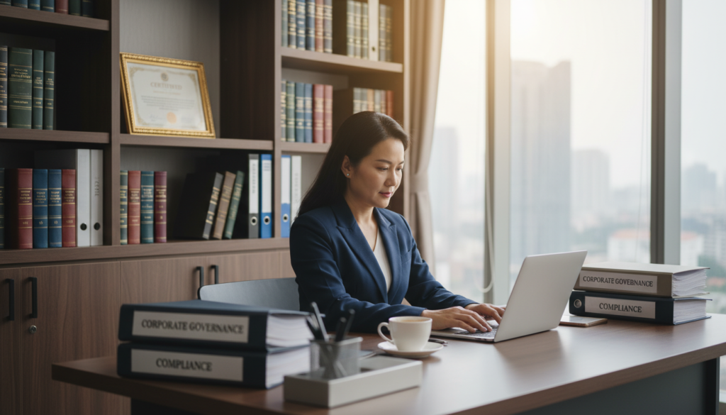 A professional corporate secretary sits at a modern office desk, surrounded by organized files and documents related to corporate governance. The secretary, a middle-aged Asian woman wearing a tailored navy blue suit, is focused on her work, typing on a laptop with a confident expression. In the foreground, a polished wooden desk is visible, complete with a sleek pen holder and a cup of coffee. The middle ground features shelves filled with legal books and a framed certificate on the wall. The background shows large windows with natural light pouring in, casting a soft glow over the workspace. The atmosphere is professional and inviting, emphasizing the importance of diligence and efficiency in corporate management. The image should be photorealistic, captured with a soft focus to highlight the secretary's dedication to her role.