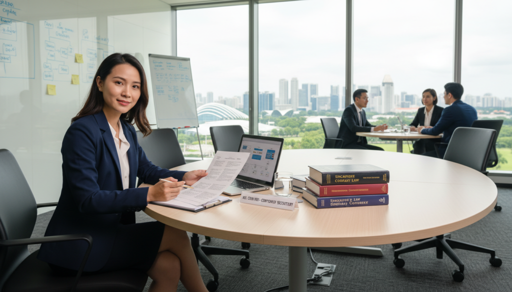 A professional environment showcasing a corporate secretary in action, highlighting the legal requirement of appointing one under Singapore's Companies Act. In the foreground, a diverse and confident woman in formal business attire is reviewing documents at a sleek conference table, with a laptop open and legal books stacked beside her. In the middle, a modern office setting with large windows allowing natural light to stream in, illuminating the workspace. The background features a cityscape of Singapore, with recognizable skyscrapers and greenery, emphasizing a professional atmosphere. The mood is serious yet aspirational, conveying a sense of diligence and commitment to compliance. Photorealistic style, with crisp details and vibrant colors, captured from a slightly low angle to enhance the subject's authority.