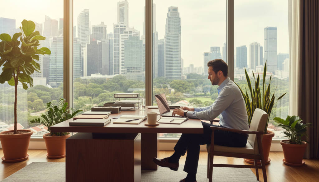 A professional individual working remotely in a stylish home office setup in Singapore. In the foreground, a focused person in business casual attire, sitting at a sleek desk with a laptop, surrounded by organizational tools like notebooks and a coffee mug. In the middle ground, a large window showcases a view of Singapore's skyline with modern buildings and greenery, allowing natural light to flood the space. In the background, a few indoor plants add a touch of nature, creating a relaxed atmosphere. The scene is bright, creating a sense of productivity and comfort. The composition should have a warm color palette, conveying a positive mood and ideal working conditions. The lighting is soft and evenly distributed, giving a photorealistic quality to the image.