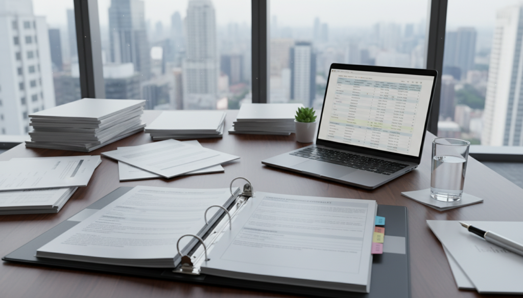A professional office environment featuring a large wooden desk cluttered with neatly organized documentation. In the foreground, an open binder displaying corporate compliance checklists and neatly arranged tabs. A sleek, modern laptop with a spreadsheet on the screen is stationed beside the binder. In the middle ground, a glass of water and a stylish pen are placed next to a stack of papers. The background showcases a bright, airy office space with floor-to-ceiling windows allowing natural light to flood in, casting soft shadows. The atmosphere conveys a sense of meticulous organization and professionalism, perfect for reflecting the importance of documentation in a corporate banking context. Use photorealistic rendering, with an emphasis on clarity and detail, captured from a slightly elevated angle to provide depth.