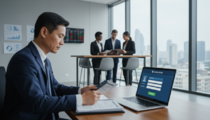 A professional office environment focusing on customer verification for corporate banking. In the foreground, a well-dressed businessperson, a middle-aged Asian male in a suit, is attentively reviewing documents alongside a laptop displaying a digital interface with identity verification tools. In the middle ground, a diverse group of professionals in business attire are engaged in discussions, analyzing client information on tablets. The background features a sleek office with large glass windows letting in soft, natural light, highlighting the modern design and compliance charts displayed on the walls. The atmosphere is serious yet collaborative, emphasizing the importance of compliance and due diligence in banking. The image is photorealistic, taken from a slight angle to capture both the individuals and the office layout, creating a sense of depth.