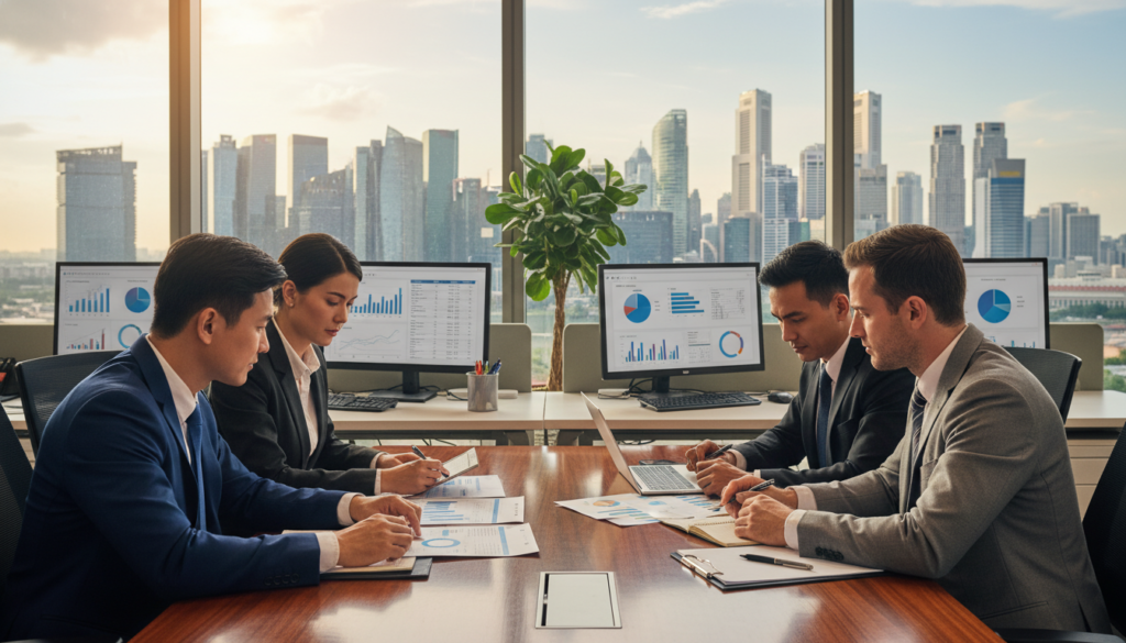 A professional office environment showcasing outsourced accounting services in Singapore. In the foreground, a diverse group of three business professionals—two men and one woman—analyzing financial documents on a sleek conference table. All are dressed in business attire, exuding focus and collaboration. The middle ground features a modern workspace with computers displaying spreadsheets and financial charts, a potted plant for a touch of greenery, and office supplies neatly arranged. In the background, large windows reveal a panoramic view of Singapore’s skyline, letting in natural light that brightens the scene while creating a productive atmosphere. The composition should have a warm, inviting tone, emphasizing professionalism and teamwork in the financial sector. Photorealistic details enhance the authenticity of the setting. A professional office environment showcasing outsourced accounting services in Singapore. In the foreground, a diverse group of three business professionals—two men and one woman—analyzing financial documents on a sleek conference table. All are dressed in business attire, exuding focus and collaboration. The middle ground features a modern workspace with computers displaying spreadsheets and financial charts, a potted plant for a touch of greenery, and office supplies neatly arranged. In the background, large windows reveal a panoramic view of Singapore’s skyline, letting in natural light that brightens the scene while creating a productive atmosphere. The composition should have a warm, inviting tone, emphasizing professionalism and teamwork in the financial sector. Photorealistic details enhance the authenticity of the setting.