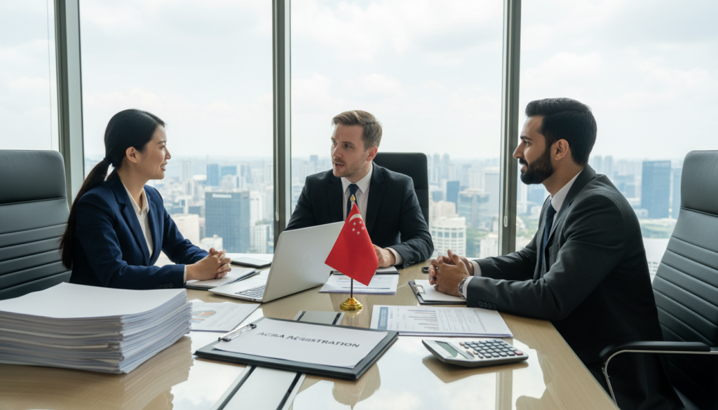 A professional office environment showcasing the essentials of company incorporation and registration. In the foreground, a diverse group of three business professionals dressed in formal attire—an Asian woman, a Caucasian man, and a Middle-Eastern man—are engaged in discussion around a large conference table littered with documents, a laptop, and a Singapore flag. The middle layer features an open document titled "ACRA Registration" alongside various business forms and a calculator. In the background, a modern office with a city skyline visible through large windows bathed in natural light, creating a bright atmosphere. The scene conveys a sense of collaboration and professionalism focused on business compliance and growth in Singapore. A professional office environment showcasing the essentials of company incorporation and registration. In the foreground, a diverse group of three business professionals dressed in formal attire—an Asian woman, a Caucasian man, and a Middle-Eastern man—are engaged in discussion around a large conference table littered with documents, a laptop, and a Singapore flag. The middle layer features an open document titled "ACRA Registration" alongside various business forms and a calculator. In the background, a modern office with a city skyline visible through large windows bathed in natural light, creating a bright atmosphere. The scene conveys a sense of collaboration and professionalism focused on business compliance and growth in Singapore.