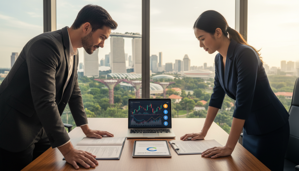 A professional office scene depicting a business meeting focused on opening a crypto business account in Singapore. In the foreground, two business professionals—a man and a woman—are engaged in a discussion while reviewing financial documents on a sleek, modern table. Both are dressed in smart business attire, exuding confidence and professionalism. The middle layer features a high-tech laptop displaying graphs and digital currency icons, emphasizing the crypto aspect. In the background, large windows reveal a panoramic view of Singapore's skyline with iconic buildings and greenery, bathed in natural daylight. The atmosphere is dynamic and focused, highlighting the innovation of crypto banking. Use a photorealistic style, with soft, warm lighting to create an inviting yet professional ambiance.