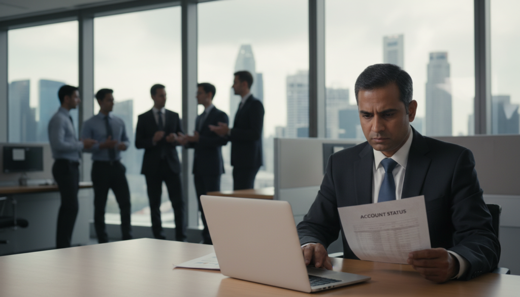 A professional office scene featuring a bank manager, a South Asian man in business attire, seated at a modern desk with a laptop open. The foreground shows a close-up of hands holding a document labeled "Account Status," with a concerned yet focused expression on the manager's face. In the middle ground, there are blurred silhouettes of employees collaborating and discussing in hushed tones, reflecting the atmosphere of cautious communication. The background reveals large windows with a cityscape of Singapore, bathed in soft natural light, suggesting a busy banking environment. The mood is serious yet calm, conveying the weight of financial communication. The photo should be photorealistic, capturing the intricate details of the office setting and the expressions of the people involved.