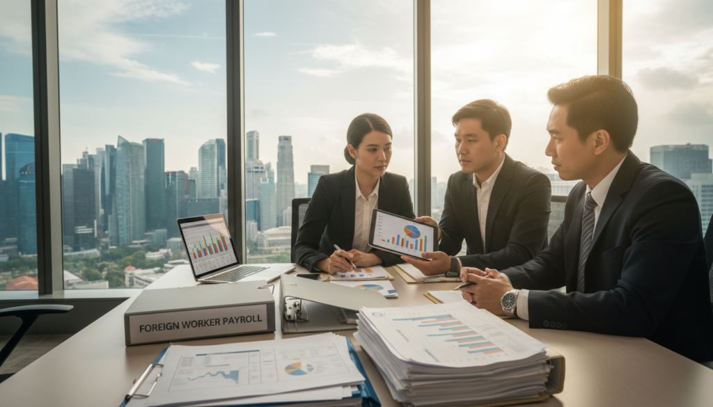 A professional office setting depicting payroll compliance for foreign employees and remote workers in Singapore. In the foreground, a diverse group of individuals in business attire engage in a discussion, one pointing at a digital tablet displaying payroll graphs. The middle layer features a modern office desk cluttered with documents, a laptop, and compliance checklists. The background showcases a large window revealing the Singapore skyline, hinting at an urban environment. Soft natural lighting filters in, enhancing the professionalism of the scene. The atmosphere is focused and collaborative, illustrating the essentials of payroll compliance in a global context. The composition is captured from a slight angle, emphasizing the interaction and setting. Photorealistic details bring the scene to life. A professional office setting depicting payroll compliance for foreign employees and remote workers in Singapore. In the foreground, a diverse group of individuals in business attire engage in a discussion, one pointing at a digital tablet displaying payroll graphs. The middle layer features a modern office desk cluttered with documents, a laptop, and compliance checklists. The background showcases a large window revealing the Singapore skyline, hinting at an urban environment. Soft natural lighting filters in, enhancing the professionalism of the scene. The atmosphere is focused and collaborative, illustrating the essentials of payroll compliance in a global context. The composition is captured from a slight angle, emphasizing the interaction and setting. Photorealistic details bring the scene to life.