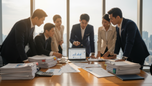 A professional office setting during financial year-end, with a large wooden conference table in the foreground. On the table, stacks of documents and financial reports, alongside a calculator and a laptop displaying charts. In the middle ground, a group of diverse business professionals in formal attire are engaged in discussion, pointing at the screen and reviewing the paperwork, conveying a sense of urgency and collaboration. The background features a large window with natural light streaming in, illuminating the room and creating a warm atmosphere. The overall mood is focused and intense, reflecting the importance of meeting filing deadlines for ACRA and IRAS. The image should be photorealistic, capturing details like reflections on the table and expressions of concentration on the professionals' faces.