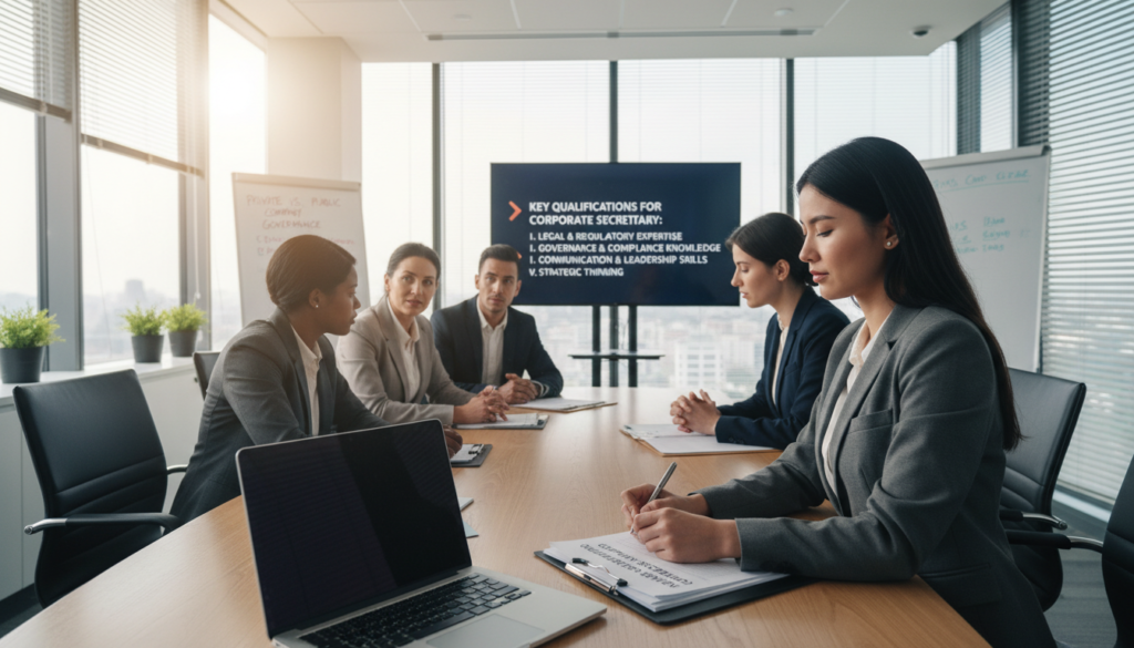 A professional office setting features a diverse group of individuals engaged in a corporate meeting about company secretary qualifications. In the foreground, a well-dressed woman in a tailored suit reviews documents, exuding confidence and professionalism. In the middle ground, a diverse team of men and women in business attire discusses important qualifications, showcasing collaboration. The background includes a modern conference room with a large glass window allowing natural light to stream in, illuminating the space and creating a warm, inviting atmosphere. The image captures a sense of focus and diligence, emphasizing the importance of corporate governance in both private and public companies. The overall mood conveys professionalism, cooperation, and attention to detail, highlighting the significance of appointing the right corporate secretary.