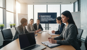 A professional office setting features a diverse group of individuals engaged in a corporate meeting about company secretary qualifications. In the foreground, a well-dressed woman in a tailored suit reviews documents, exuding confidence and professionalism. In the middle ground, a diverse team of men and women in business attire discusses important qualifications, showcasing collaboration. The background includes a modern conference room with a large glass window allowing natural light to stream in, illuminating the space and creating a warm, inviting atmosphere. The image captures a sense of focus and diligence, emphasizing the importance of corporate governance in both private and public companies. The overall mood conveys professionalism, cooperation, and attention to detail, highlighting the significance of appointing the right corporate secretary.