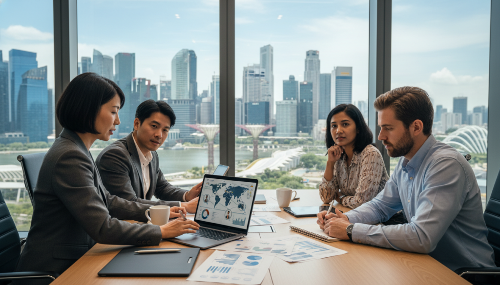 A professional office setting in Singapore depicting a diverse group of businesspeople engaged in a discussion about global employment platforms and Employer of Record services. In the foreground, a middle-aged Asian woman in a tailored suit is presenting data on a laptop, while a young Caucasian man in smart casual attire is taking notes. The middle ground features a sleek conference table with documents and a notepad scattered around. In the background, large windows reveal a panoramic view of Singapore's iconic skyline, bathed in natural sunlight, creating a bright and inviting atmosphere. The composition is captured at eye level with a soft focus effect on the skyline, emphasizing the collaboration and professionalism within the space, evoking a sense of innovation and modern business practices.