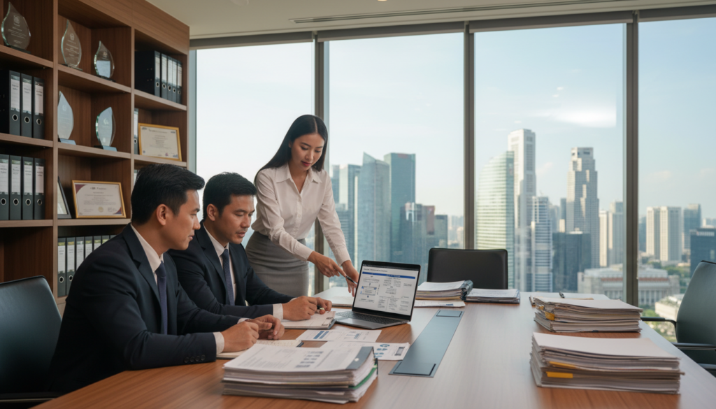 A professional office setting in Singapore, focusing on a collaborative scene of business professionals engaged in licensing and registration support. In the foreground, a diverse group of three individuals—two men in tailored suits and a woman in a smart blouse and skirt—are discussing documents while reviewing a laptop screen, showcasing a sense of teamwork. The middle ground features a large conference table with neatly organized files and a Singapore skyline visible through the large glass windows, providing natural light that enhances the atmosphere. The background includes shelves with corporate awards and compliance books, adding depth and a sense of authority. The overall mood is one of professionalism, efficiency, and trust, reflecting the importance of corporate compliance services in a vibrant city. Photorealistic style with a slight soft focus on the background for depth. A professional office setting in Singapore, focusing on a collaborative scene of business professionals engaged in licensing and registration support. In the foreground, a diverse group of three individuals—two men in tailored suits and a woman in a smart blouse and skirt—are discussing documents while reviewing a laptop screen, showcasing a sense of teamwork. The middle ground features a large conference table with neatly organized files and a Singapore skyline visible through the large glass windows, providing natural light that enhances the atmosphere. The background includes shelves with corporate awards and compliance books, adding depth and a sense of authority. The overall mood is one of professionalism, efficiency, and trust, reflecting the importance of corporate compliance services in a vibrant city. Photorealistic style with a slight soft focus on the background for depth.