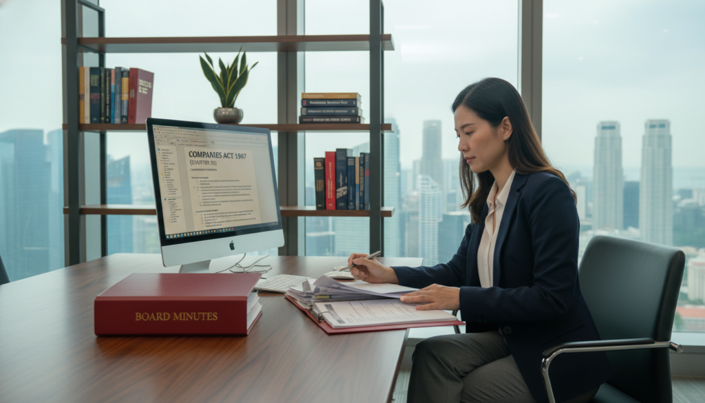 A professional office setting showcasing a Singapore corporate secretary's workspace, featuring a sleek wooden desk with a desktop computer displaying the Companies Act document. In the foreground, a well-dressed female corporate secretary, in a smart blazer and trousers, diligently reviews paperwork. The middle ground displays a shelf lined with corporate law books and a potted plant. In the background, large windows let in soft natural light, creating an inviting atmosphere while the cityscape of Singapore is visible outside. The composition captures a balance of professionalism and clarity, emphasizing the legal importance of corporate governance. The scene should feel organized and productive, representing the legal baseline under the Companies Act with photorealistic detail, focusing on light and textures. A professional office setting showcasing a Singapore corporate secretary's workspace, featuring a sleek wooden desk with a desktop computer displaying the Companies Act document. In the foreground, a well-dressed female corporate secretary, in a smart blazer and trousers, diligently reviews paperwork. The middle ground displays a shelf lined with corporate law books and a potted plant. In the background, large windows let in soft natural light, creating an inviting atmosphere while the cityscape of Singapore is visible outside. The composition captures a balance of professionalism and clarity, emphasizing the legal importance of corporate governance. The scene should feel organized and productive, representing the legal baseline under the Companies Act with photorealistic detail, focusing on light and textures.