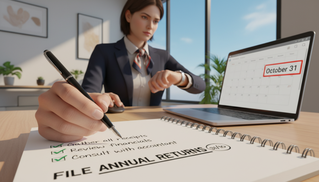 A professional office setting with a modern desk featuring a laptop displaying a calendar highlighted on the due date for annual returns. In the foreground, a close-up of a pen poised over a notepad with neatly organized notes and checkmarks. In the middle, a well-dressed businesswoman in a smart blazer, checking her watch while looking thoughtfully at the laptop screen, symbolizing the importance of timely submissions. In the background, a window shows a clear blue sky, allowing natural light to illuminate the scene, creating a bright and focused atmosphere. The image should evoke a sense of urgency and professionalism, emphasizing the importance of meeting deadlines.