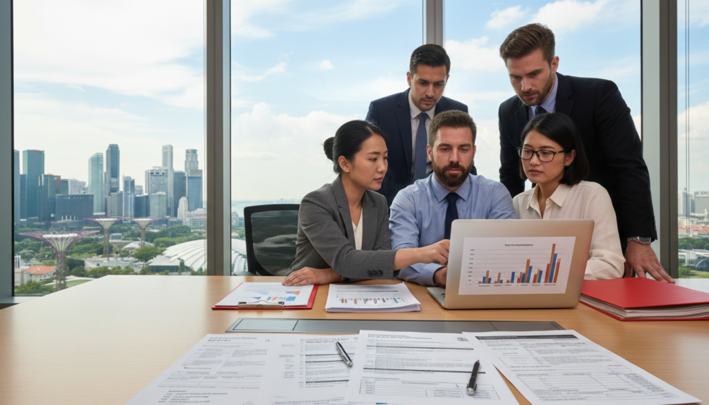 A professional office setting with a sleek modern desk in the foreground, featuring detailed financial documents spread out, emphasizing tax forms and residency guidelines. In the middle ground, a diverse group of four business professionals in professional attire are engaged in a discussion, pointing at a laptop screen showcasing tax-related graphs and charts. The background features a large window with a view of Singapore's skyline, reflecting a bright, sunny day. Soft, natural lighting streams in, highlighting the focused expressions of the individuals. The atmosphere is collaborative and serious, with a sense of urgency as they navigate cross-border hiring regulations and tax implications. The overall image should be photorealistic, capturing every detail meticulously. A professional office setting with a sleek modern desk in the foreground, featuring detailed financial documents spread out, emphasizing tax forms and residency guidelines. In the middle ground, a diverse group of four business professionals in professional attire are engaged in a discussion, pointing at a laptop screen showcasing tax-related graphs and charts. The background features a large window with a view of Singapore's skyline, reflecting a bright, sunny day. Soft, natural lighting streams in, highlighting the focused expressions of the individuals. The atmosphere is collaborative and serious, with a sense of urgency as they navigate cross-border hiring regulations and tax implications. The overall image should be photorealistic, capturing every detail meticulously.