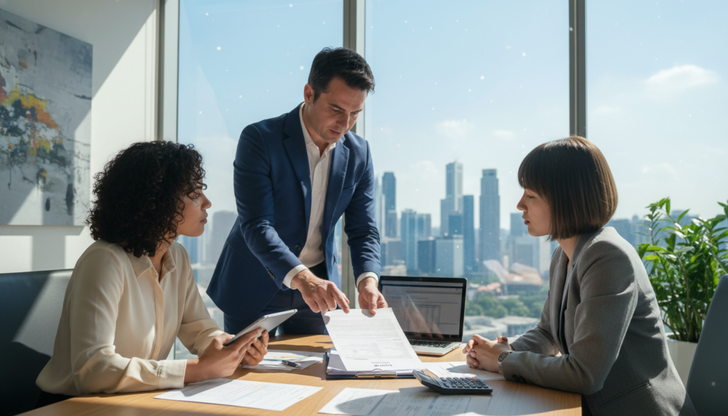 A professional, photorealistic scene featuring a diverse group of three business professionals (one male, two female) in modern office attire engaged in a discussion about tax filing requirements in Singapore. In the foreground, a sleek wooden conference table is adorned with scattered documents, a laptop, and a calculator, emphasizing the topic of tax obligations. In the middle, one person points to a tax forms document while the others listen attentively, showing a dynamic collaboration. The background showcases a large window with a view of Singapore's skyline, bright natural light flooding the room, creating an atmosphere of focus and professionalism. The overall mood is serious yet collaborative, reflecting the importance of understanding tax filings in business operations. A professional, photorealistic scene featuring a diverse group of three business professionals (one male, two female) in modern office attire engaged in a discussion about tax filing requirements in Singapore. In the foreground, a sleek wooden conference table is adorned with scattered documents, a laptop, and a calculator, emphasizing the topic of tax obligations. In the middle, one person points to a tax forms document while the others listen attentively, showing a dynamic collaboration. The background showcases a large window with a view of Singapore's skyline, bright natural light flooding the room, creating an atmosphere of focus and professionalism. The overall mood is serious yet collaborative, reflecting the importance of understanding tax filings in business operations.