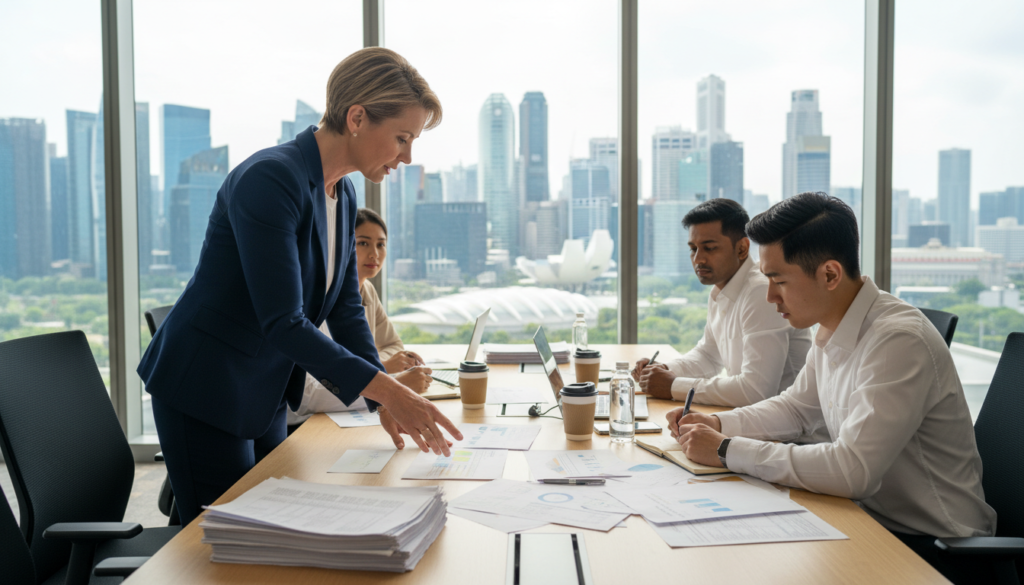 A professional setting depicting a diverse team of business individuals engaged in an audit discussion. In the foreground, a confident middle-aged woman in a smart business suit points to a highlighted document on the table, while a young man in a crisp shirt takes notes. In the middle, a modern conference table is cluttered with various financial reports, laptops, and coffee cups, suggesting an active auditing session. In the background, large windows allow natural light to flood the room, revealing a vibrant cityscape of Singapore. The atmosphere is serious yet collaborative, with a slight depth of field effect to focus on the engaged team. The lighting is bright and well-balanced, creating a professional and inviting mood.