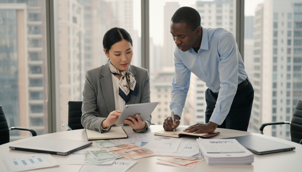 A professional setting showcasing a diverse group of clients engaged in a multi-currency invoicing discussion. In the foreground, a well-dressed Asian woman in a business suit examines a digital invoice on a tablet, while a Black man in a crisp shirt takes notes with a pen and notepad. In the middle, a round table covered with documents, laptops, and currency notes from various countries. The background features a modern office with a large window, allowing natural light to pour in, illuminating the scene and creating a warm, collaborative atmosphere. The use of a shallow depth of field emphasizes the clients, while the surrounding office environment remains slightly blurred, enhancing focus on the billing needs being addressed. The overall mood is productive and professional. A professional setting showcasing a diverse group of clients engaged in a multi-currency invoicing discussion. In the foreground, a well-dressed Asian woman in a business suit examines a digital invoice on a tablet, while a Black man in a crisp shirt takes notes with a pen and notepad. In the middle, a round table covered with documents, laptops, and currency notes from various countries. The background features a modern office with a large window, allowing natural light to pour in, illuminating the scene and creating a warm, collaborative atmosphere. The use of a shallow depth of field emphasizes the clients, while the surrounding office environment remains slightly blurred, enhancing focus on the billing needs being addressed. The overall mood is productive and professional.
