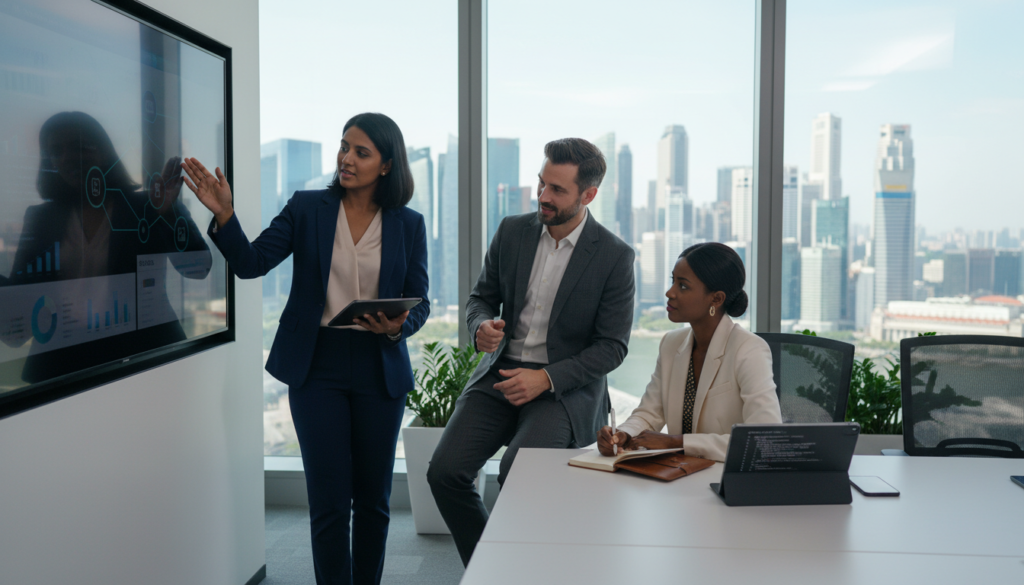 A professional setting showcasing a diverse group of three business professionals engaged in a discussion around banking and payment processing solutions. In the foreground, a South Asian female banker in a tailored suit holds a digital tablet, while a Caucasian male fintech representative gestures toward a screen displaying financial data. In the middle ground, a Black female payment processor specialist takes notes, surrounded by modern office furnishings. The background features large windows with a view of Singapore’s skyline, casting natural light across the room. Use a shallow depth of field for a slightly blurred background, emphasizing the teamwork and professionalism. The atmosphere is confident and collaborative, encapsulating the essence of financial services in an evolving technological environment.