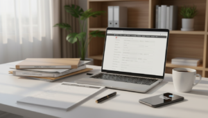A professional workspace showing a neatly organized desk prepared for filing the Singapore Annual Return on BizFile+. In the foreground, a laptop is open with the BizFile+ website displayed, surrounded by a checklist and important documents like financial statements, company details, and past filings. Middle ground features a cup of coffee and a smartphone with reminders. The background consists of a well-lit office with shelves holding business books and a potted plant, conveying a productive atmosphere. Soft, natural light filters through a window, creating a warm and inviting ambiance. The overall mood reflects focus and readiness for compliance tasks, emphasizing professionalism and organization.