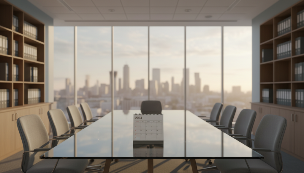 A serene office environment depicting a dormant company, featuring a sleek, empty conference room with a modern glass table surrounded by unoccupied chairs. In the foreground, a large, untouched calendar marked with the current year, showcasing a few blank, unused days, symbolizes inactivity. The middle ground includes a silhouette of a cityscape through the large windows, bathed in soft, ambient light, signifying hope and potential for rejuvenation. The background reveals shelves lined with dusty company directories and inactive files, hinting at past business endeavors. The warm, muted colors create a contemplative atmosphere, evoking a sense of pause and reflection in the business lifecycle. Photorealistic, using natural light, wide-angle perspective, emphasizing depth and tranquility.