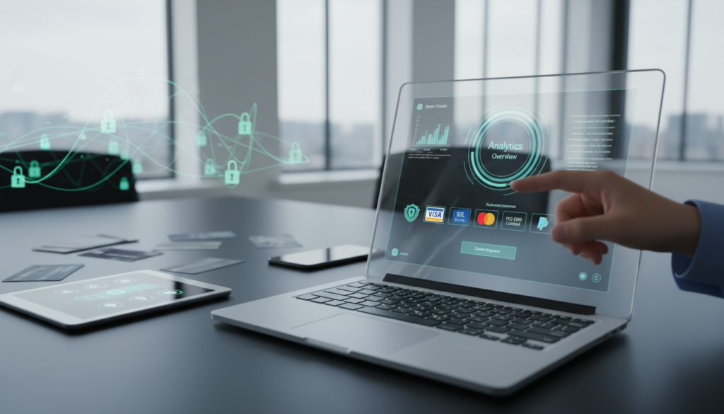 A sleek and modern digital workspace illustrating a "right payment gateway" concept. In the foreground, a clear laptop screen displays an intuitive payment gateway interface, showcasing features like analytics, security badges, and payment options. A hand in a professional business attire is interacting with the screen, emphasizing the human aspect of technology. The middle ground includes soft-focus elements that suggest various payment methods like credit cards and digital wallets scattered around, symbolizing versatility. The background features abstract visual representations of data security, like lock icons and network patterns, against a light, airy office setting with natural light streaming in. The atmosphere is professional yet inviting, highlighting innovation and trust in financial transactions. The composition should feel dynamic and informative, with a photorealistic finish that conveys a sense of reliability and modernity.
