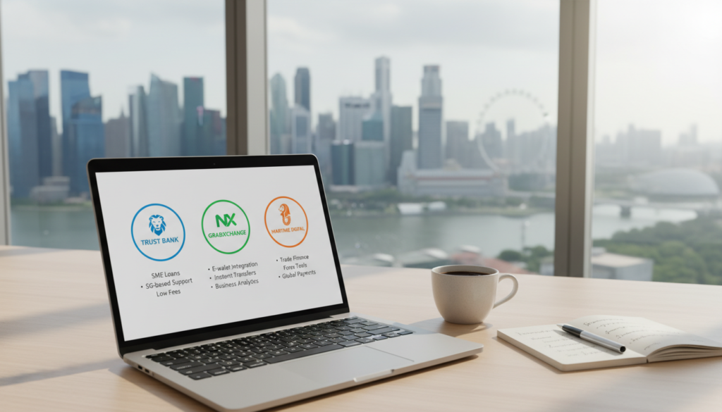 A sleek and modern digital workspace showcasing a shortlist of digital banks tailored for Singapore businesses. In the foreground, display a stylish laptop open with a well-organized digital checklist of bank logos and highlights. To the side, include a sophisticated coffee cup and a notepad with thoughtful notes. The middle ground features a contemporary office setting with a large window revealing a vibrant cityscape of Singapore, under soft, natural daylight. In the background, the skyline includes iconic Singapore landmarks, subtly blurred to maintain focus on the shortlist. The mood is professional and inspiring, evoking a sense of innovation and trust in digital banking. The overall composition is photorealistic, with a clean, polished look. A sleek and modern digital workspace showcasing a shortlist of digital banks tailored for Singapore businesses. In the foreground, display a stylish laptop open with a well-organized digital checklist of bank logos and highlights. To the side, include a sophisticated coffee cup and a notepad with thoughtful notes. The middle ground features a contemporary office setting with a large window revealing a vibrant cityscape of Singapore, under soft, natural daylight. In the background, the skyline includes iconic Singapore landmarks, subtly blurred to maintain focus on the shortlist. The mood is professional and inspiring, evoking a sense of innovation and trust in digital banking. The overall composition is photorealistic, with a clean, polished look.
